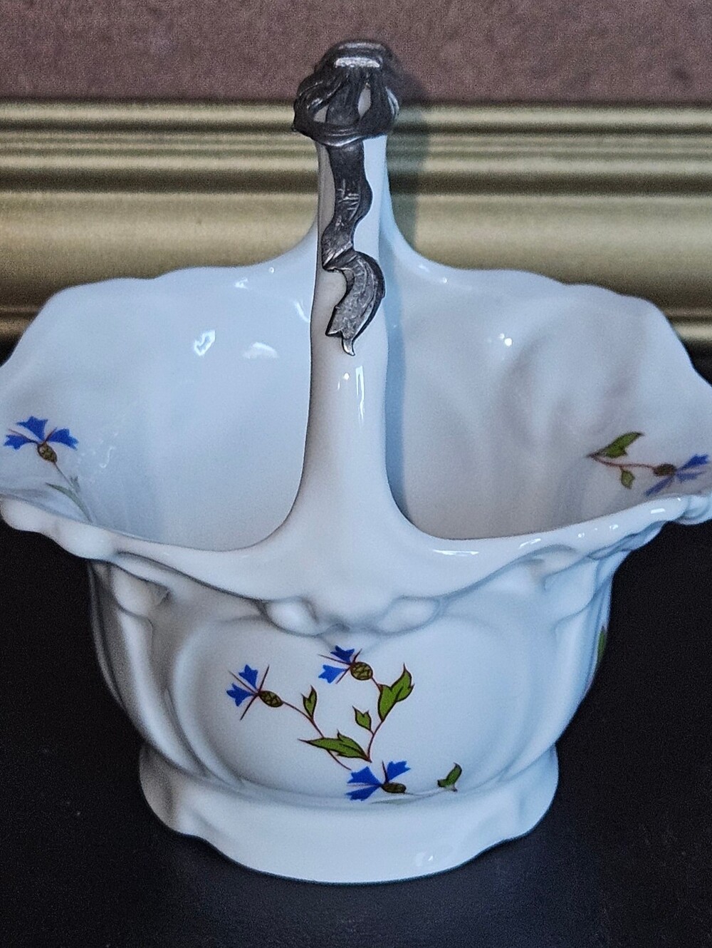 White Porcelain Handled Basket with Blue Floral Accents Chinell